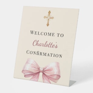 Pink blush bow ivory Confirmation welcome Pedestal Sign