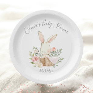Pink Blush Bunny Rabbit Baby Girl Shower Paper Plate