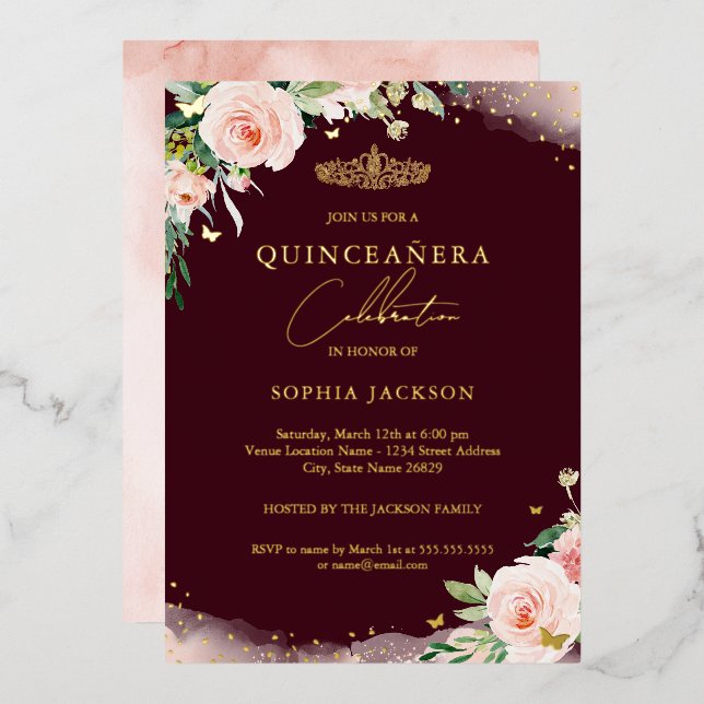 Pink Blush Burgundy Floral Quinceanera Birthday  (Front/Back)