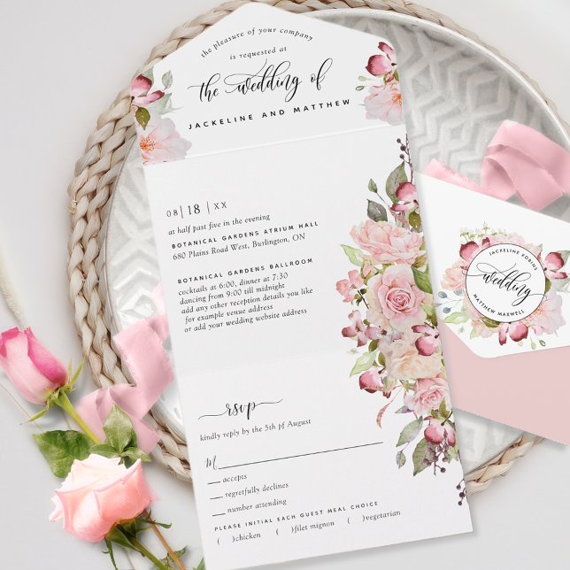 Pink, Blush, Burgundy Floral Wedding Tear Off RSVP All In One Invitation (Creator Uploaded)