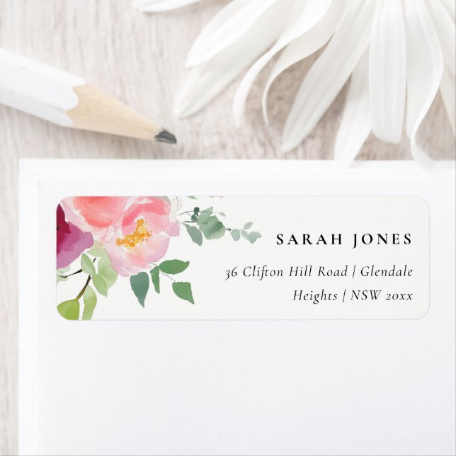 Pink Blush Burgundy Rose Watercolor Address (Insitu)
