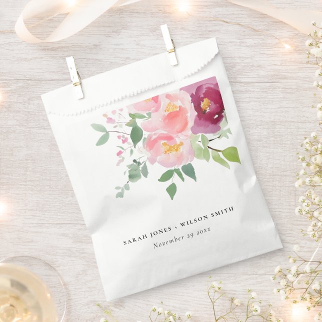 Pink Blush Burgundy Rose Watercolor Wedding Favour Bags (Clipped)
