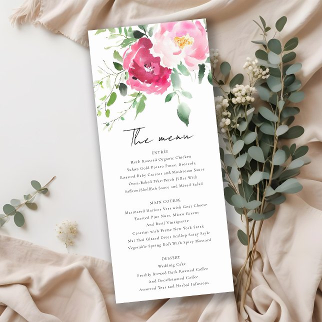 Pink Blush Burgundy Rose Watercolor Wedding Menu Invitation (Creator Uploaded)