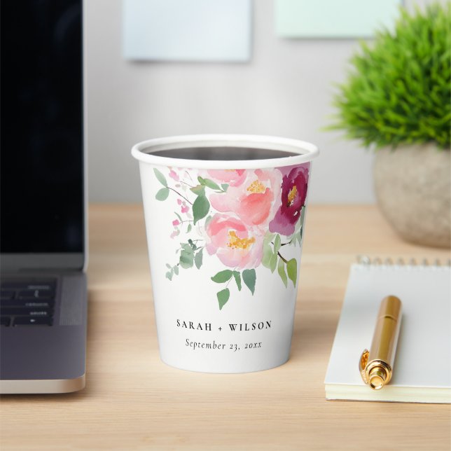 Pink Blush Burgundy Rose Watercolor Wedding Paper Cups (Insitu)