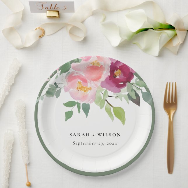 Pink Blush Burgundy Rose Watercolor Wedding Paper Plate (Wedding)