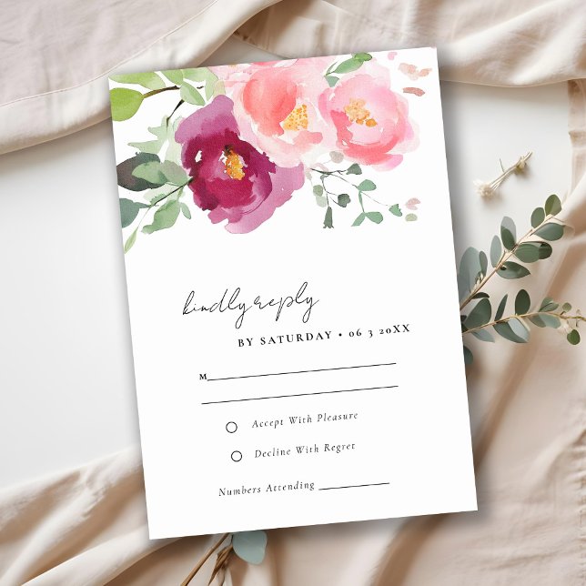 Pink Blush Burgundy Rose Watercolor Wedding RSVP Card (Creator Uploaded)