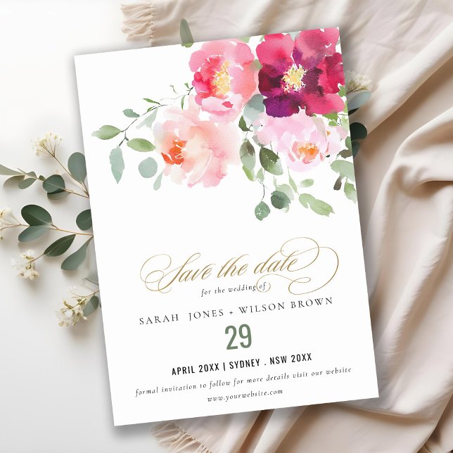 Pink Blush Burgundy Rose Watercolor Wedding Save The Date (Creator Uploaded)