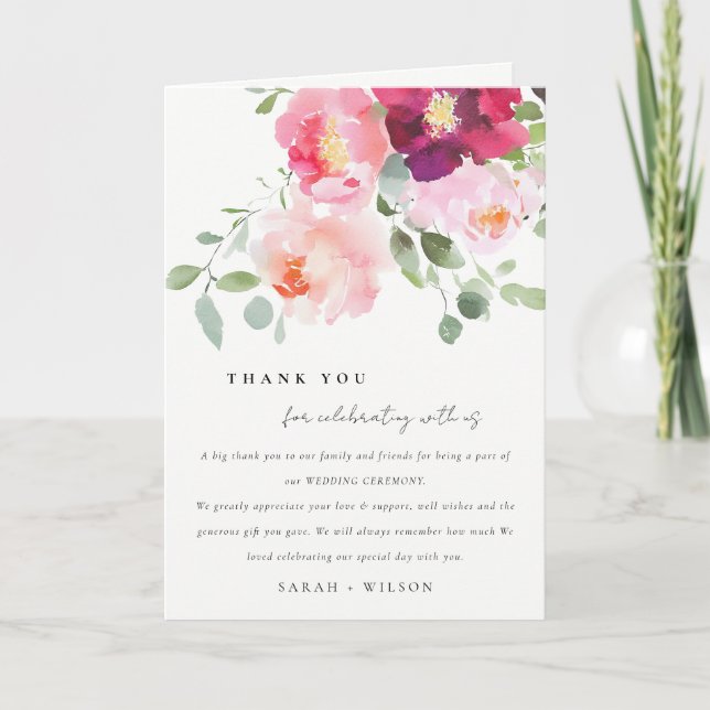 Pink Blush Burgundy Rose Watercolor Wedding Thank You Card (Front)
