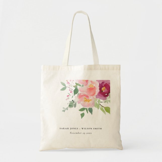 Pink Blush Burgundy Rose Watercolor Wedding Tote Bag (Front)