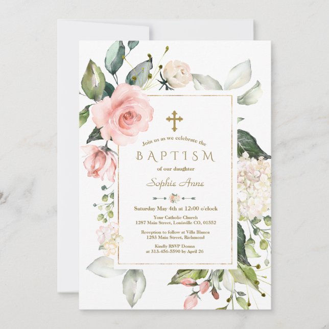 Pink Blush Cream Floral Frame Gold Baptism Invitation (Front)