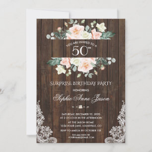 Pink Blush Cream Floral Wood Lace 50th Birthday Invitation
