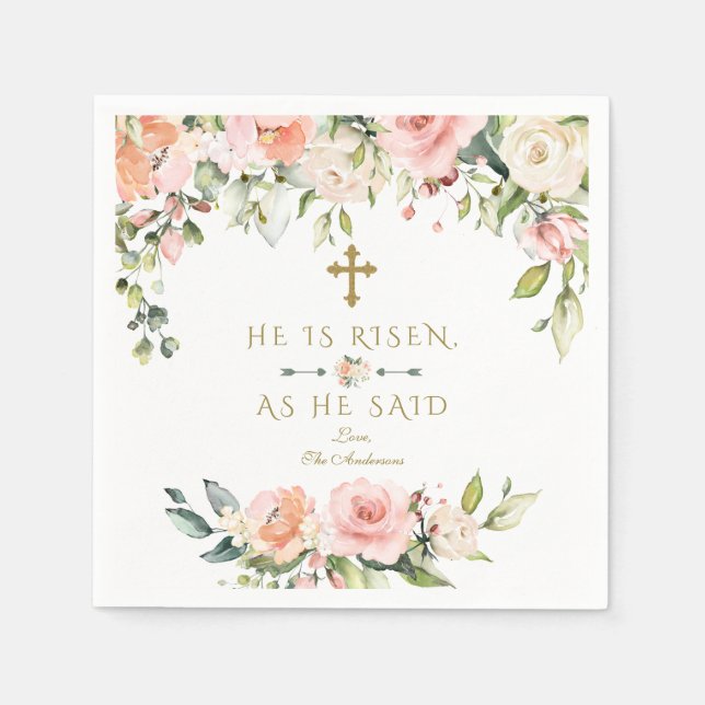 Pink Blush Cream Flowers He Is Risen Gold Easter Napkin (Front)