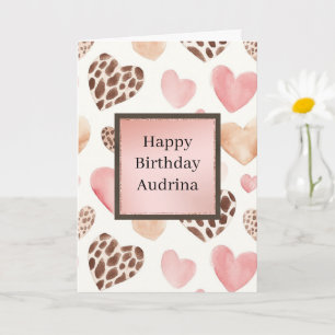 Pink Blush Cream Leopard Hearts Birthday Card