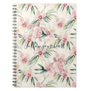 Pink Blush Cream Stripes Orchid Floral Sea Turtle Notebook