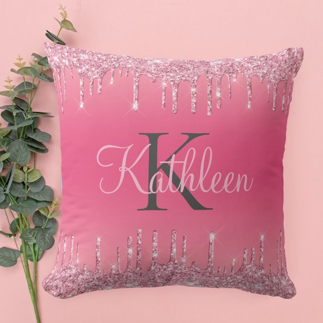 Pink Blush, Dripping Glitter, Rose Gold Monogram Cushion (Creator Uploaded)