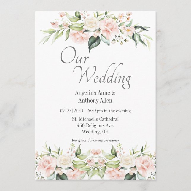 Pink Blush Eucalyptus Floral Wedding Invitation (Front)