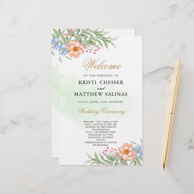  Pink Blush Eucalyptus Floral Wedding Program Card (Front/Back In Situ)