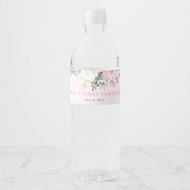 Pink blush First Communion watter bottle label (Front)