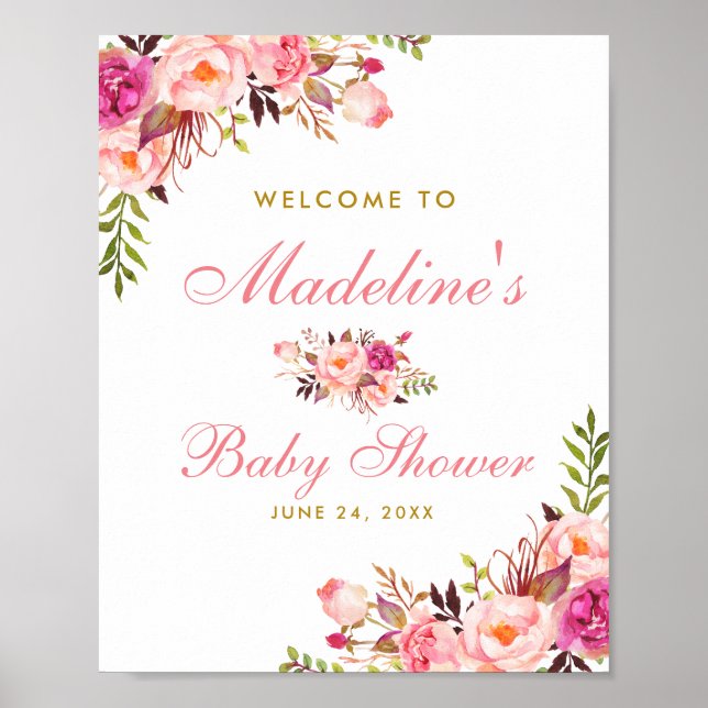 Pink Blush Floral and Gold Baby Shower Welcome Poster (Front)