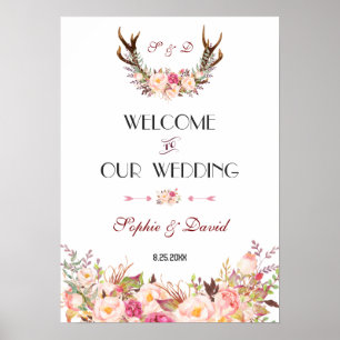 Pink Blush Floral Antlers Welcome Wedding Sign