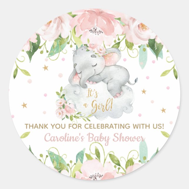 Pink Blush Floral Baby Elephant Thank You Favour Classic Round Sticker (Front)