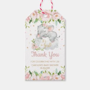 Pink Blush Floral Baby Elephant Thank You Favour Gift Tags