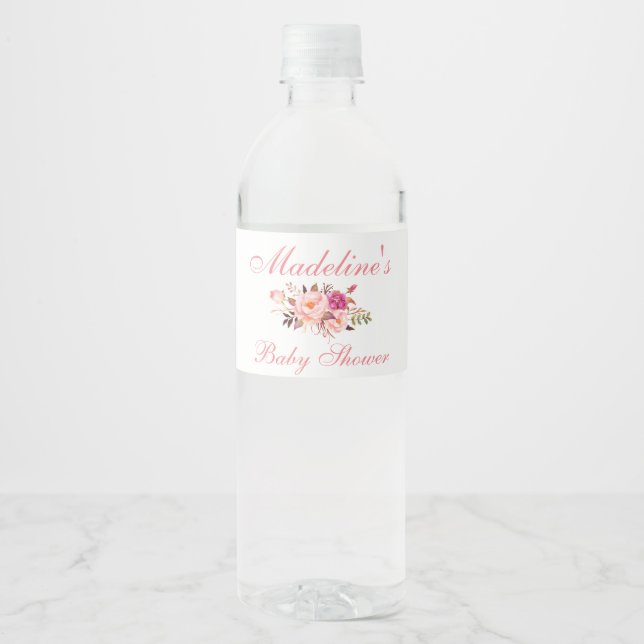 Pink Blush Floral Baby Shower Water Bottle Label (Front)