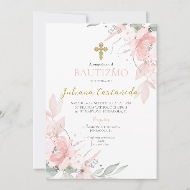  Pink blush floral baptism en espanol Invitation (Front)