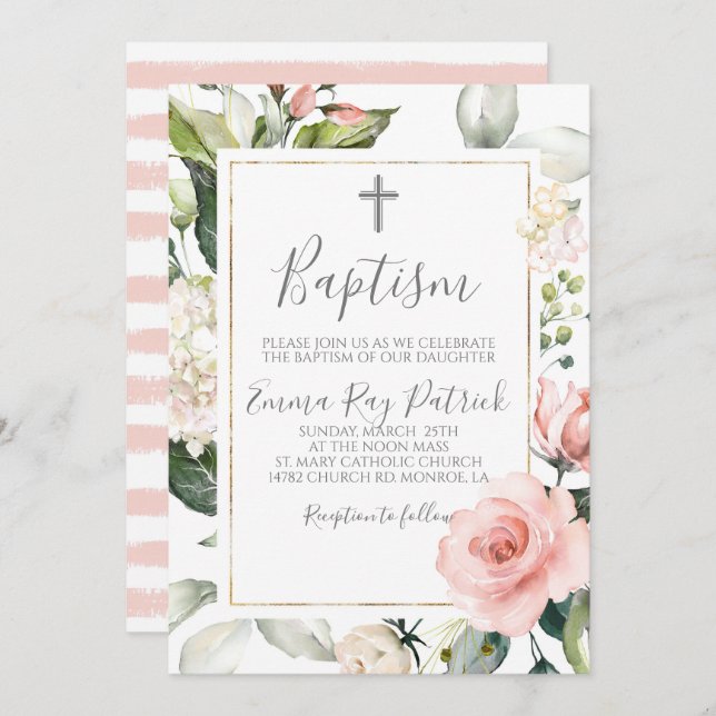 Pink Blush Floral Baptism Invitation (Front/Back)