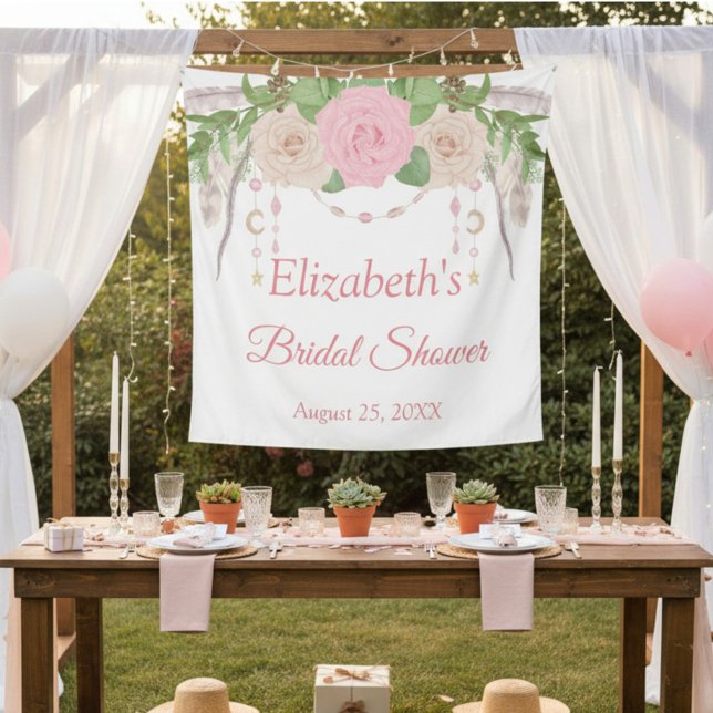 Pink Blush Floral Boho Chic Bridal Shower Tapestry (Creator Uploaded)