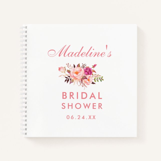 Pink Blush Floral Bridal Shower Gift List Square Notebook (Front)