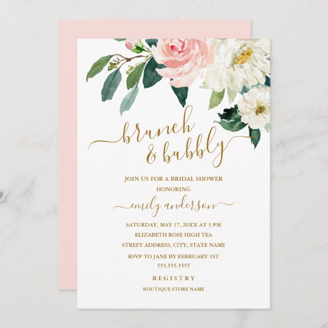 Pink Blush Floral Brunch And Bubbly Bridal Shower Invitation (Front/Back)