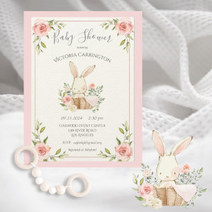 Pink Blush Floral Bunny Rabbit Baby Shower Invitation