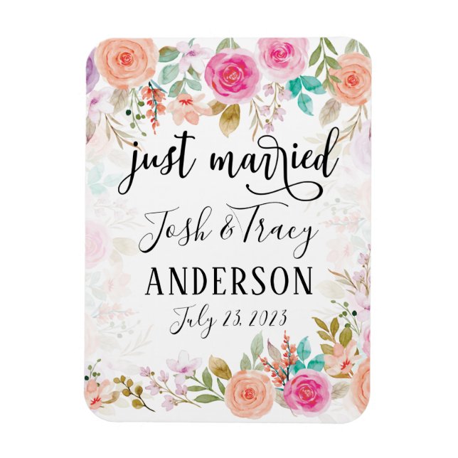 Pink Blush Floral Custom Just Married Magnet (Vertical)