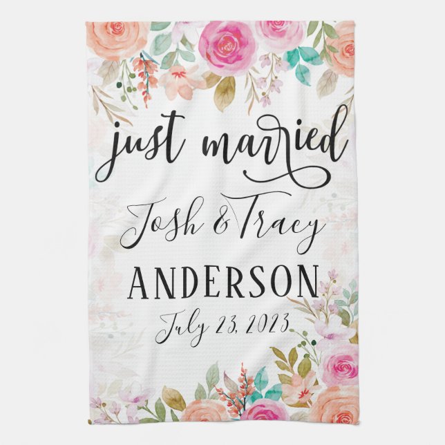 Pink Blush Floral Custom Just Married Tea Towel (Vertical)