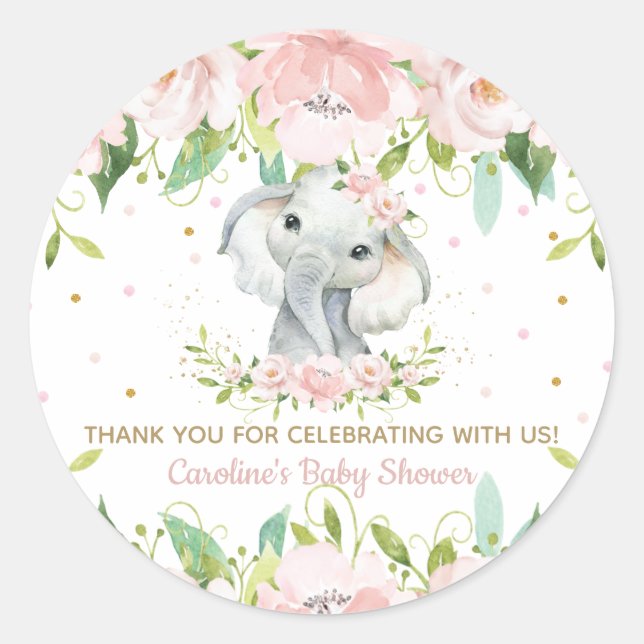 Pink Blush Floral Cute Elephant Thank You Favour Classic Round Sticker (Front)
