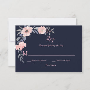 Pink Blush Floral Drop - Navy - Wedding RSVP Card
