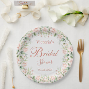 Pink Blush Floral Elegant Name Pink Bridal Shower Paper Plate