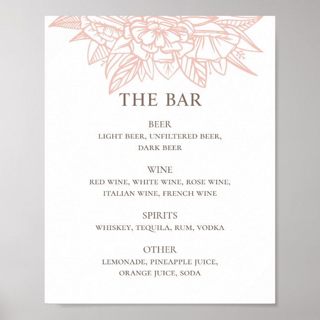 Pink blush floral elegant wedding drinks bar menu poster (Front)