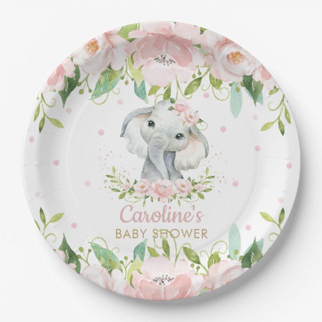 Pink Blush Floral Elephant Birthday Baby Shower Paper Plate (Front)