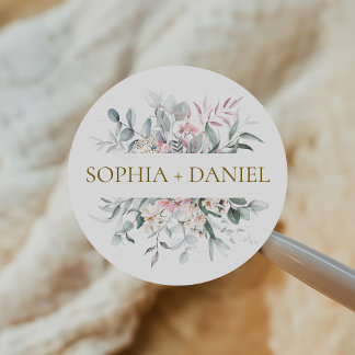 Pink Blush Floral Eucalyptus Botanical Wedding  Classic Round Sticker