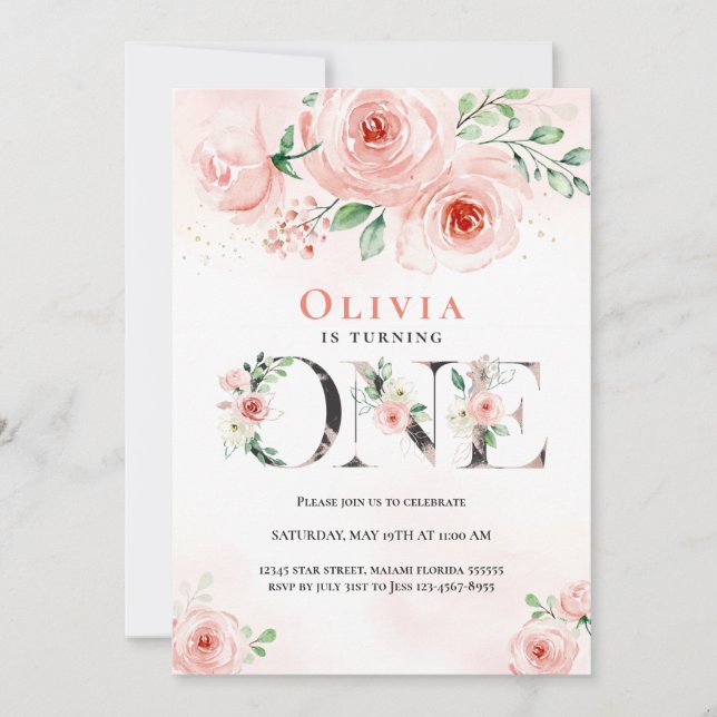 Pink Blush Floral First Birthday Gril Invitation (Front)