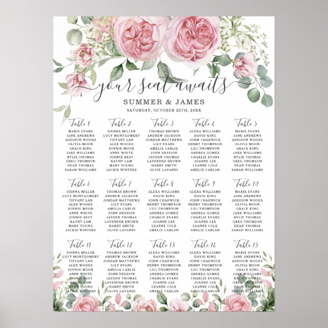Pink Blush Floral Flowers Wedding Seating Chart (Front)