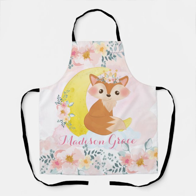 Pink Blush Floral Fox Sitting on Crescent Moon Apron (Front)