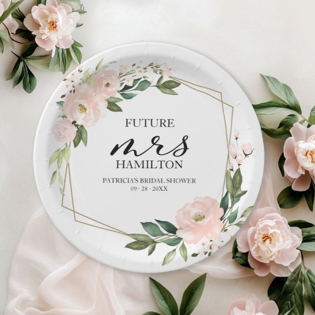 Pink Blush Floral Geometric Bridal Shower Paper Plate (Creator Uploaded)