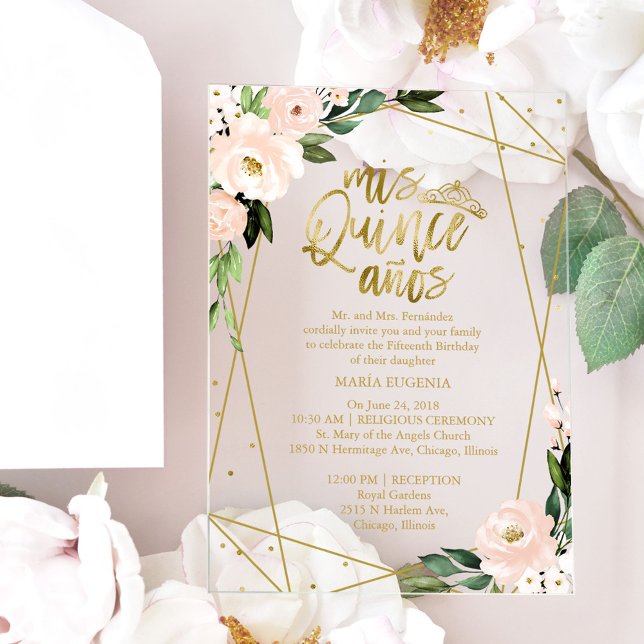 Pink Blush Floral Geometric Quinceañera  Acrylic Invitations (Creator Uploaded)