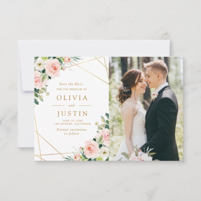 pink blush floral geometric save the date card (Front)