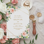 pink blush floral geometric save the date card<br><div class="desc">floral geometric design with pink blush hand painted flowers and a geometric gold frame. The colour and text details can be personalised.</div>