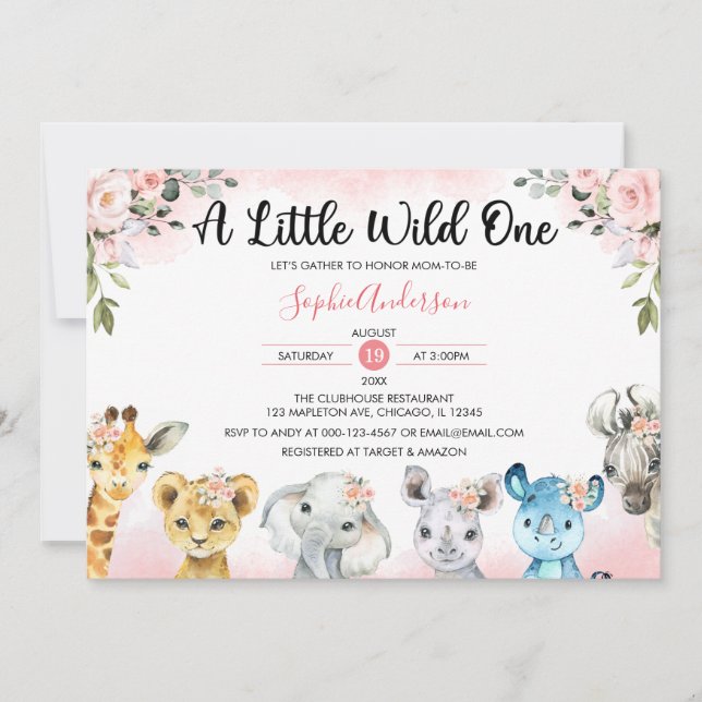 Pink Blush Floral Girls Safari Animals Baby Shower Invitation (Front)