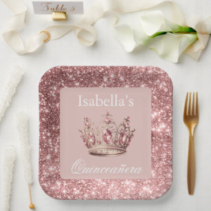 Pink Blush Floral Glitter Tiara Crown Quinceañera Paper Plate